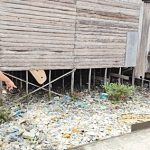 Warga menunjukkan kondisi sampai yang mengelilingi permukiman penduduk di Desa Rampa, Kabupaten Kotabaru. (foto: icah)
