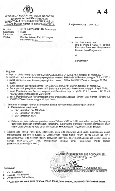 Surat penetapan tersangka terhadap TIm H2D Jurkani, SH. (foto: Humas Polda)