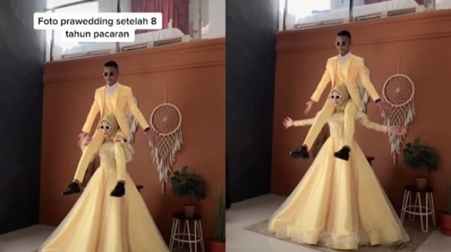 Cewek Gendong Calon Suami di Pundak saat Foto Prewedding. (TikTok)