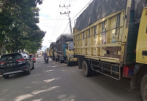 Antrean truk menunggu BBM solar di salah satu SPBU di Kota Barabai, Kabupaten HST. (foto: ramli)