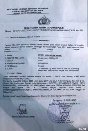 SURAT – Surat pengaduan korban ke Polresta Banjarmasin. (foto: ist)