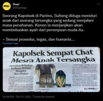 Viral kapolsek di Sulteng diduga meniduri anak dari seorang tersangka. (Twitter/StepMagz)