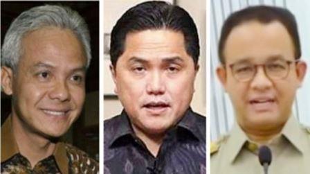 Tiga tokoh yang masuk dalam burda kandidat Capres 2024 yakni, Ganjar Pranowo, Erick Thohir dan Anies Baswedan.(ANTARA/HO-Antara Foto)