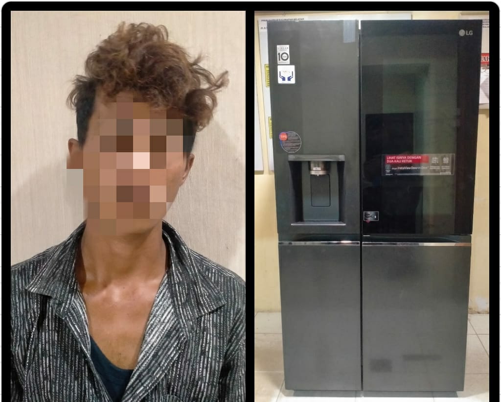 Oknum tukang bangunan dan barang curiannya kulkas dua pintu di Landasan Ulin Barat Liang Anggang. (Sumber Foto: Humas Polres Banjarbaru/Koranbanjar.net)
