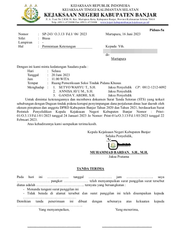 Surat pemanggilan terhadap oknum DPRD Banjar. (Foto: Dok. Supiansyah Darham)
