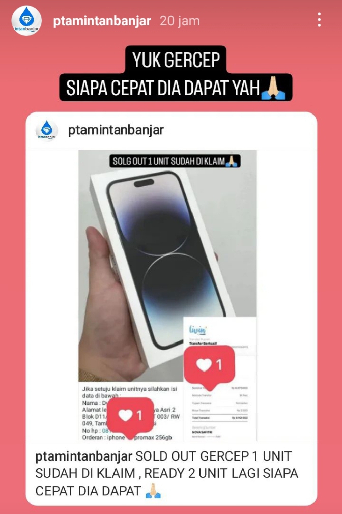 Akun Instagram Resmi PT Air Minum (PTAM) Intan Banjar diretas. (Foto: IG PTAM Intan Banjar/Koranbanjar.net)