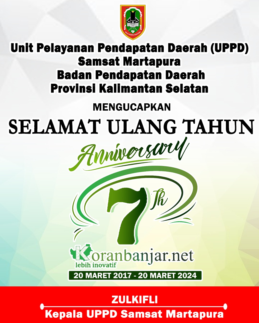 Zulkifli UPPD Samsat Martapura Selamat Ulang Tahun ke-7 Koran Banjar 20 Maret 2024