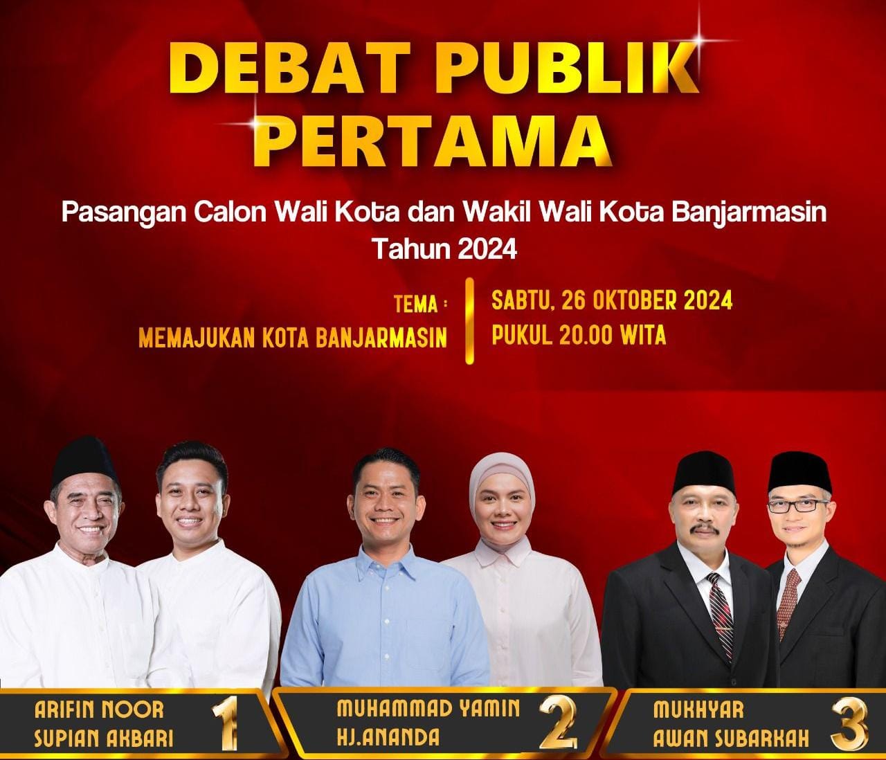 Debat Publik Perdana Paslon Wali Kota dan Wakil Wali Kota Banjarmasin, Sabtu (26/10/2024). (Foto: KPU Banjarmasin)