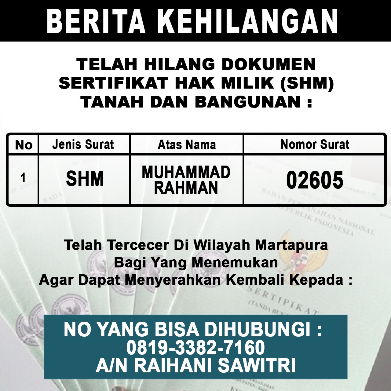 Berita Kehilangan Raihani Sawitri