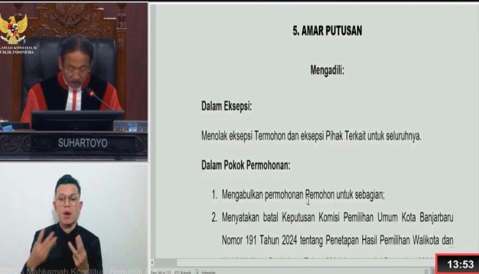 Mahkamah Konstitusi Putuskan Pemungutan Suara Ulang Pilkada Banjarbaru 2024