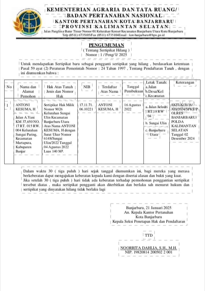 Pengumuman Sertifikat Hilang Antoni Kesuma Nomor 1