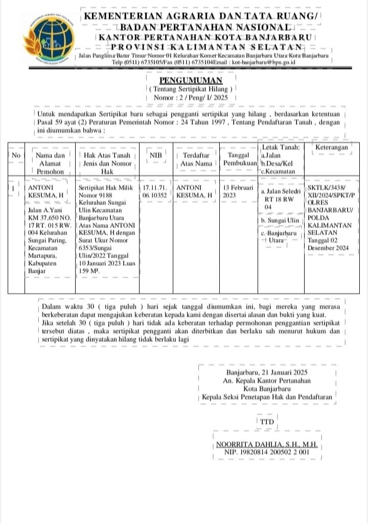 Pengumuman Sertifikat Hilang Antoni Kesuma Nomor 2