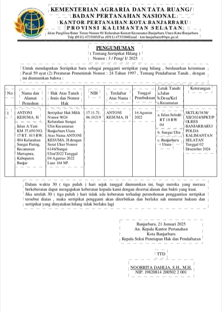 Pengumuman Sertifikat Hilang Antoni Kesuma Nomor 3
