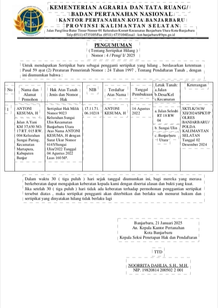 Pengumuman Sertifikat Hilang Antoni Kesuma Nomor 4