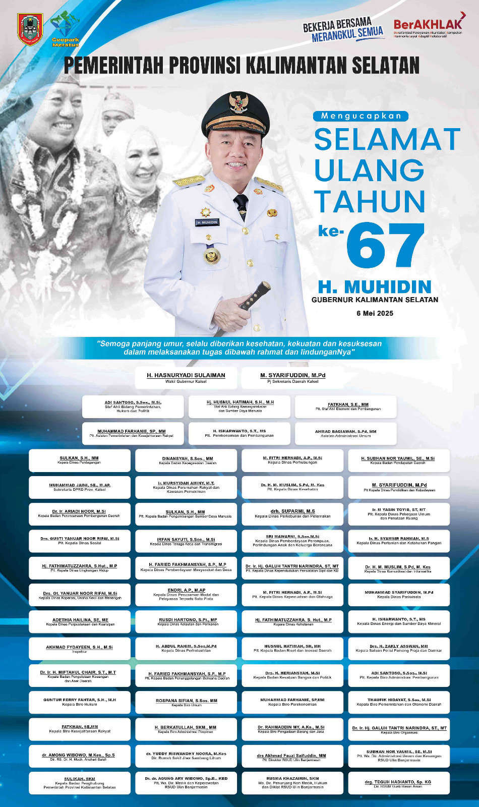 Pemerintah Provinsi Kalimantan Selatan Mengucapkan Selamat Ulang Tahun ke-67 Gubernur Kalsel H Muhidin 6 Mei 2025