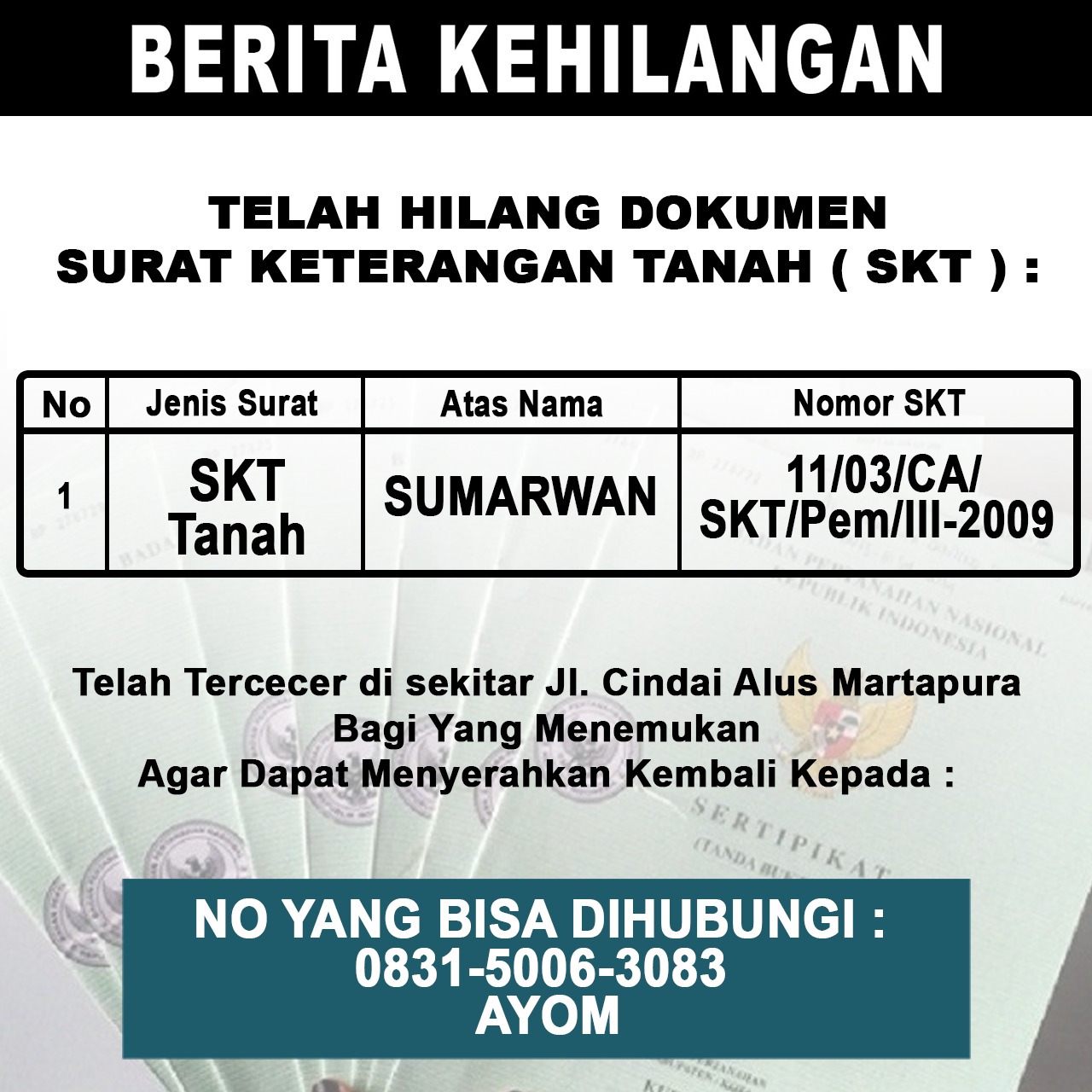 Berita Kehilangan SKT Atas Nama Sumarwan