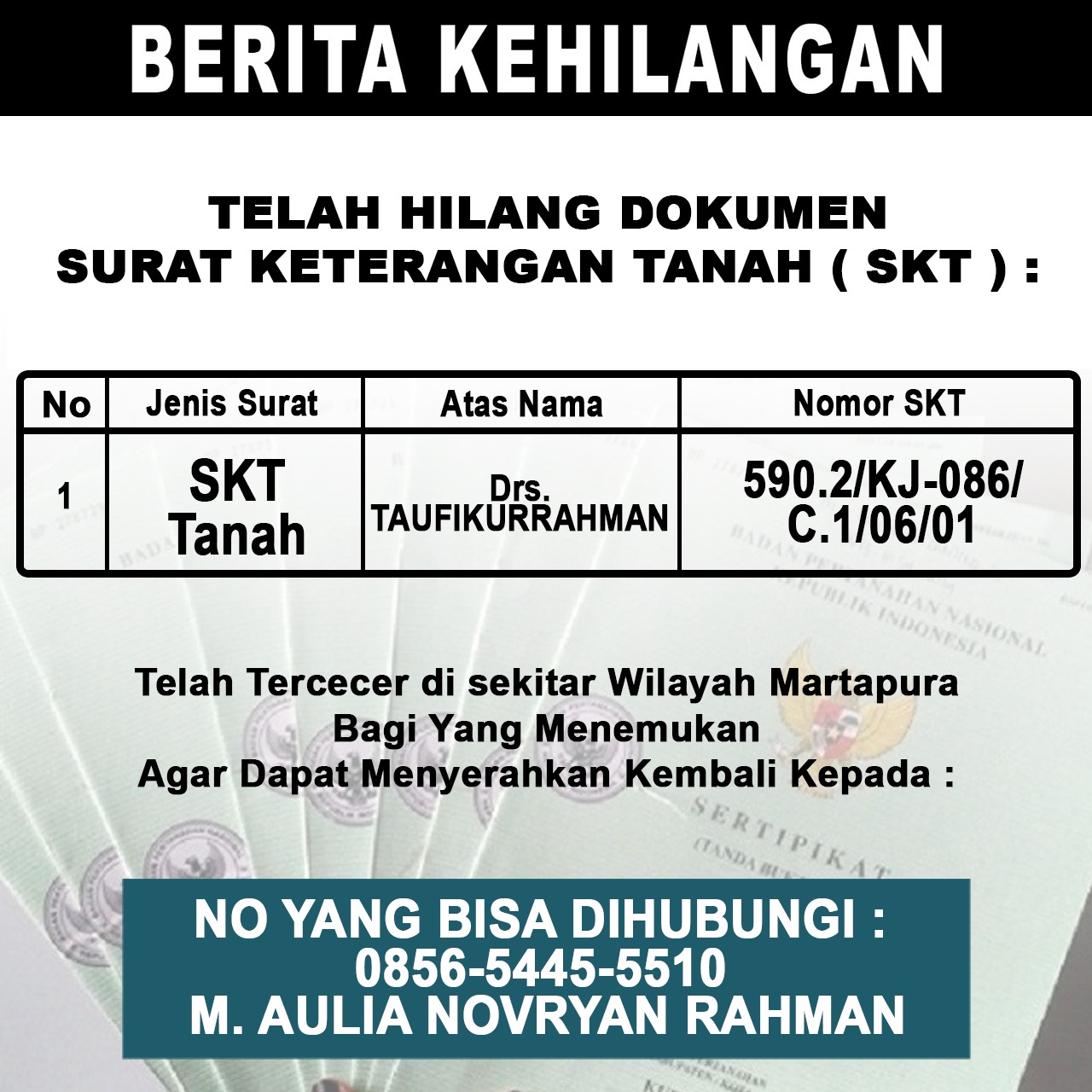 Berita Kehilangan SKT Tanah Drs Taufikurrahman