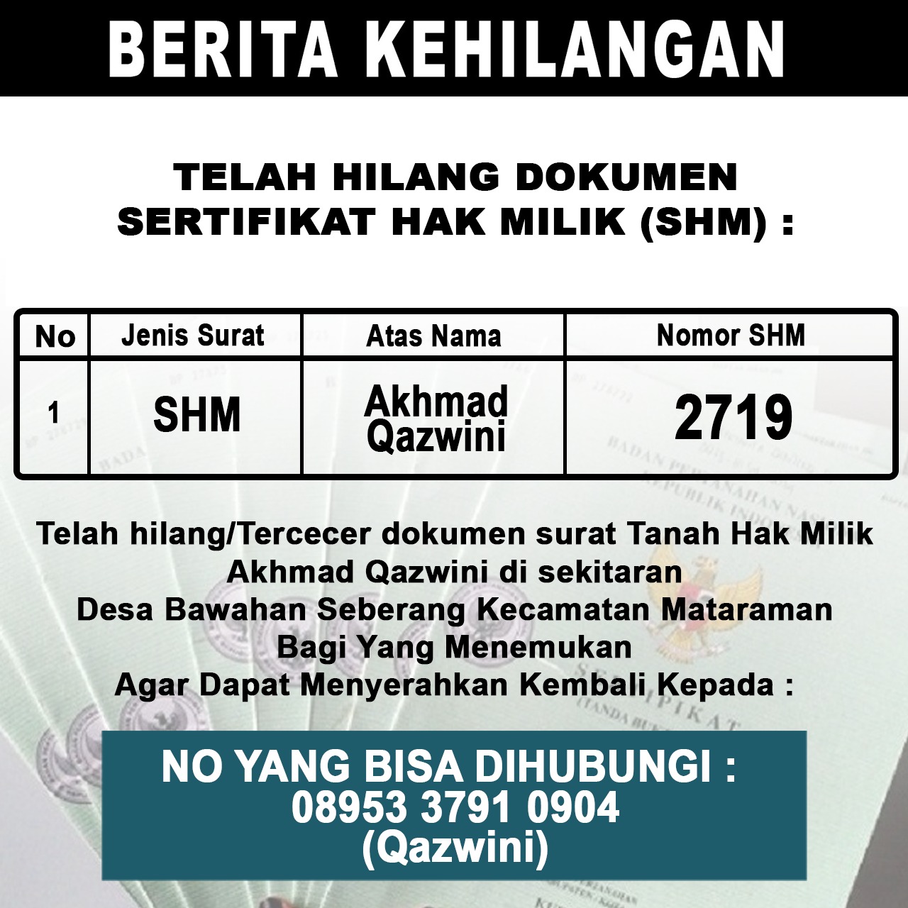 Berita Kehilangan SHM Akhmad Qazwini