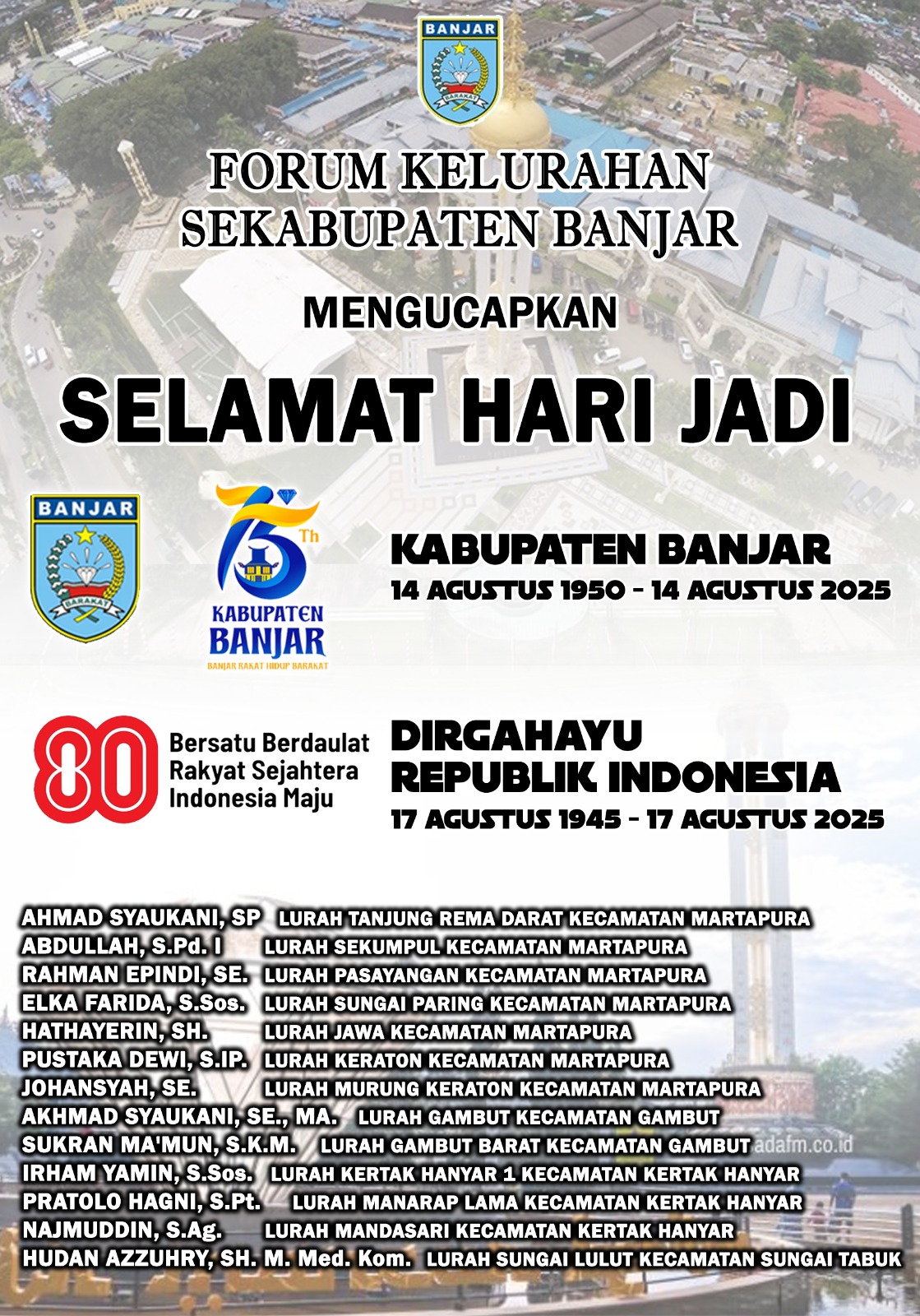 Forum Lurah se Kabupaten Banjar Mengucapkan Selamat Hari Jadi ke-75 Kabupaten Banjar & Dirgahayu ke-80 Republik Indonesia